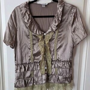 Y2K Young Essence Taupe Satin Blouse with Cream Lace Trim